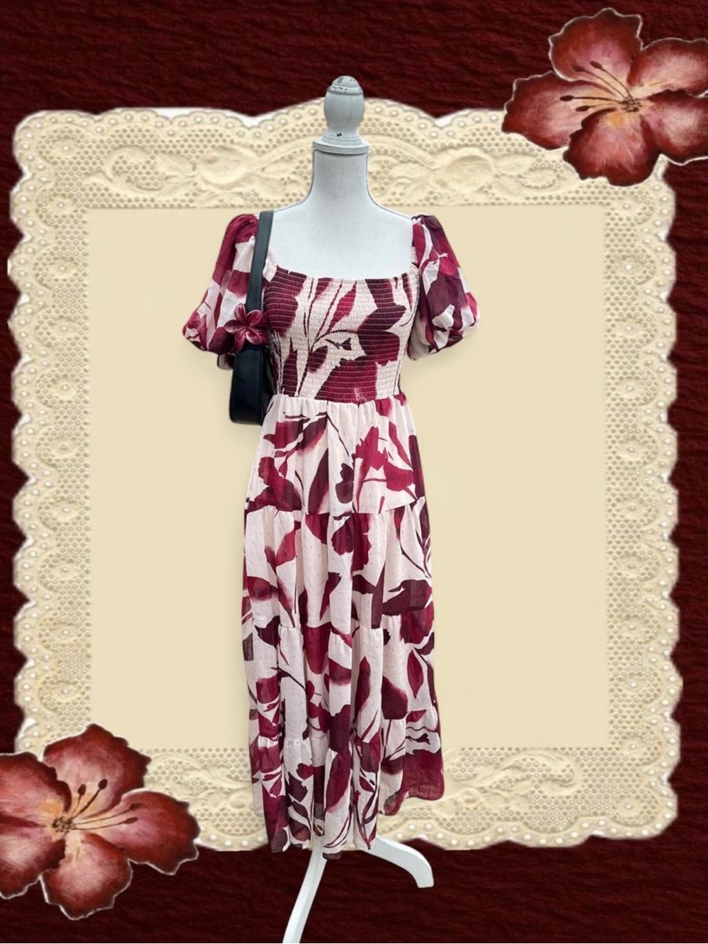 Women's Floral Puff-Sleeve Midi Dress in Burgundy and Cream